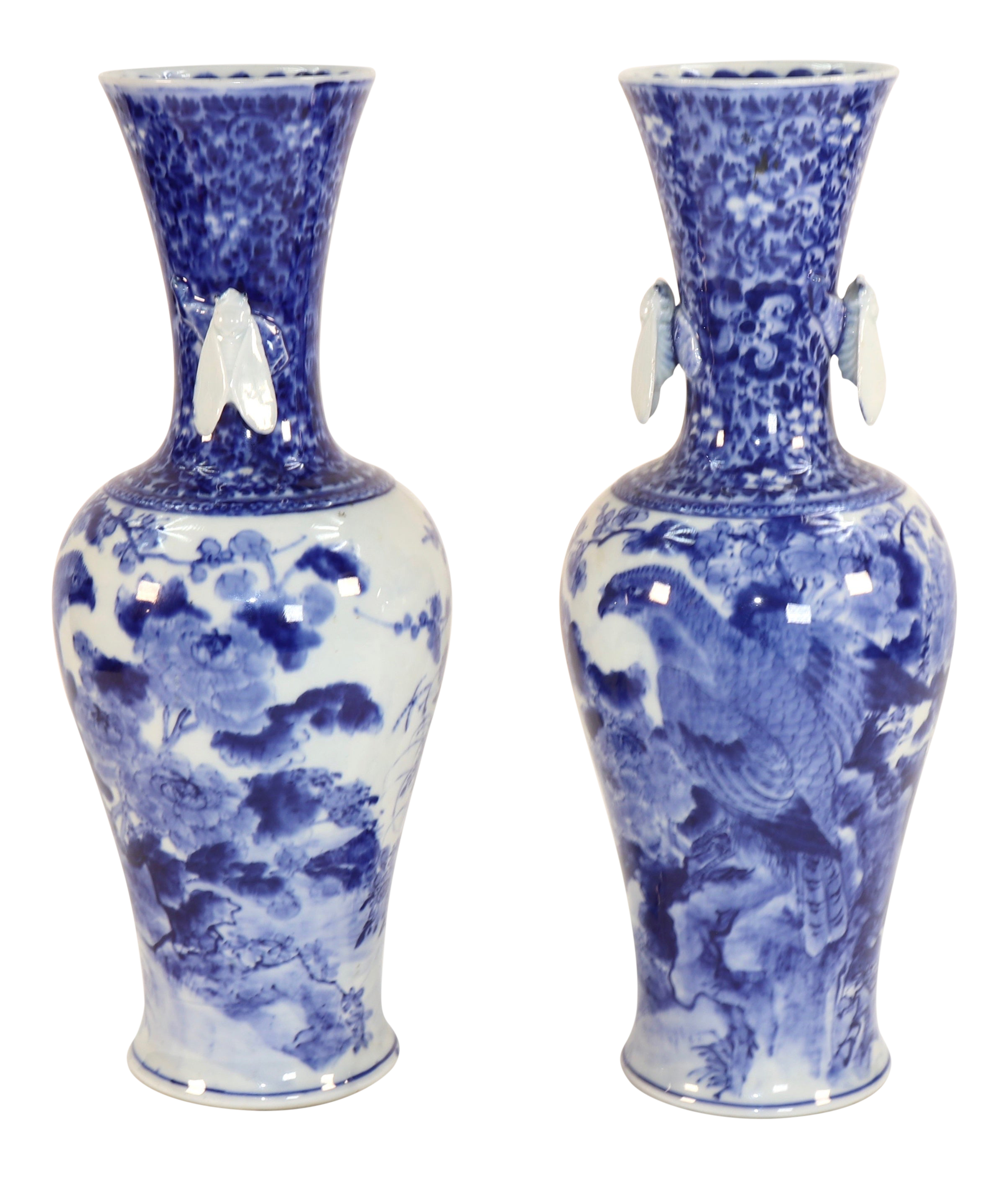 A Pair of Early 20th Century Japanese Blue and White Hawk and Peony Vases
